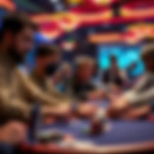 A group of poker players at a table focused on their cards during a tense game, with chips stacked high in front of them.