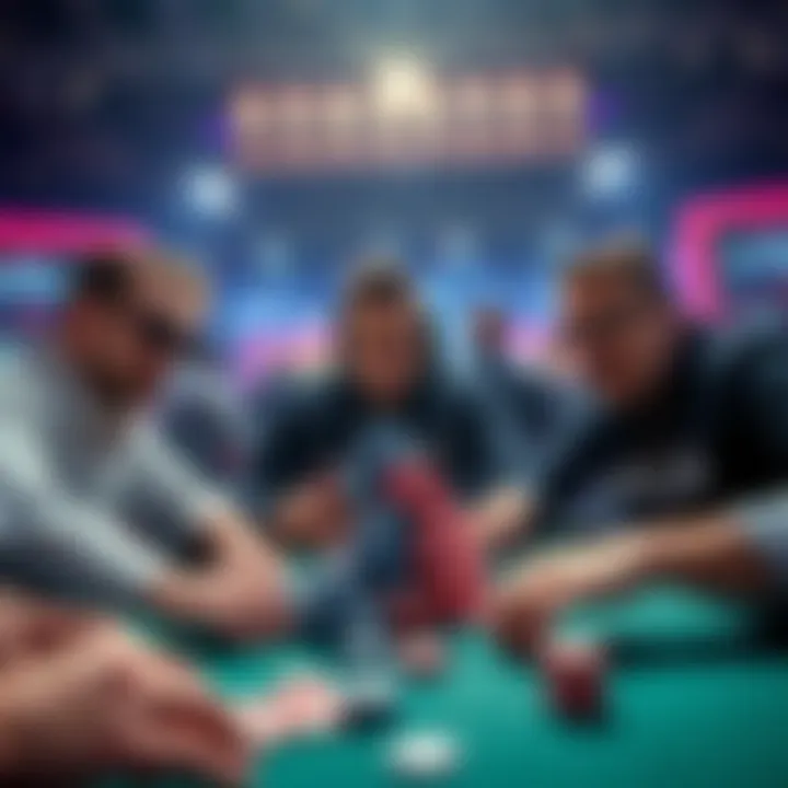 Three players at a poker table with a large stack of chips, showing excitement during a high-stakes game.