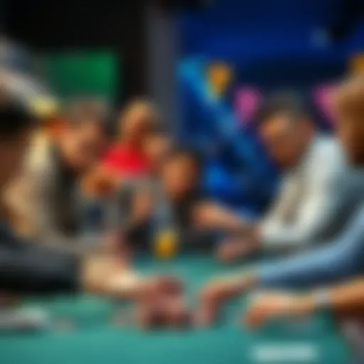 A group of poker players focus on their cards at a table, with chips and drinks around them, illustrating an intense game against a Loose Aggressive opponent.