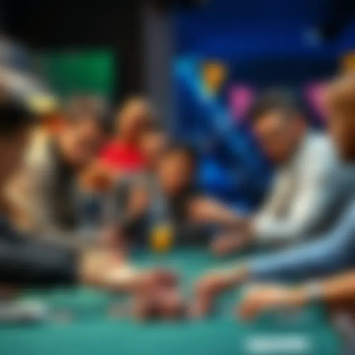 A group of poker players focus on their cards at a table, with chips and drinks around them, illustrating an intense game against a Loose Aggressive opponent.