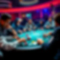 A group of poker players engaged in a high-energy game with cards and chips on the table, showcasing a lively atmosphere of PLO gameplay.