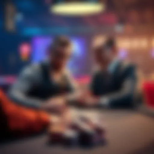 Two poker players sitting at a table with cards and chips, focused on the game