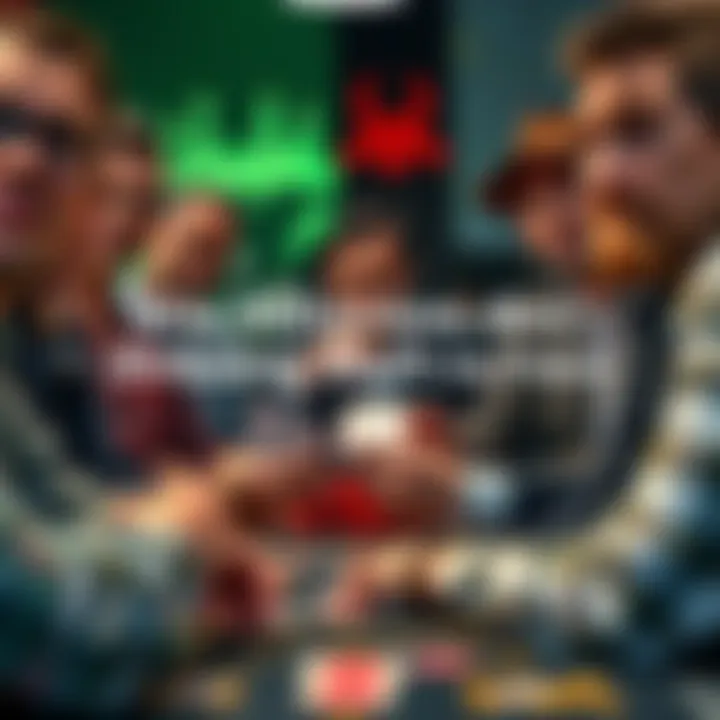 A group of poker players looking at their cards with mixed expressions, some confident and others uncertain, showcasing the tension of the game.