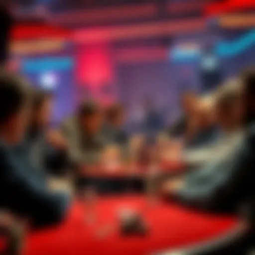 A group of poker players at a table, focusing on their cards, with chips and drinks on the table. One player shows signs of concentration, reflecting on the game.