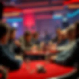 Poker Table with Players A group of poker players at a table, focusing on their cards, with chips and drinks on the table. One player shows signs of concentration, reflecting on the game.