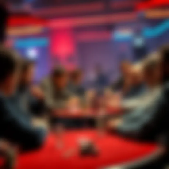 Poker Table with Players A group of poker players at a table, focusing on their cards, with chips and drinks on the table. One player shows signs of concentration, reflecting on the game.