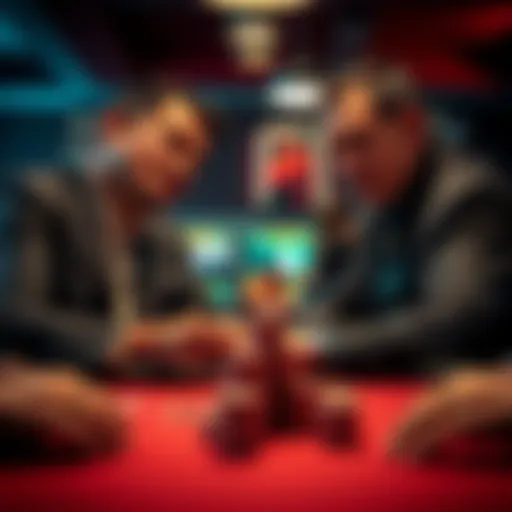 Two poker players focused on their cards during a tense game, with chips stacked in front of them