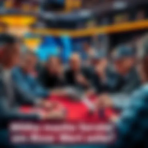 A group of poker players sitting around a table, some looking at their cards while others watch the board, showing tension in their expressions