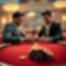 Two poker players strategizing at a table with cards and chips