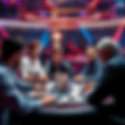 Poker players at a table Group of players sitting around a poker table with cards, discussing a game that involves five face-down cards.