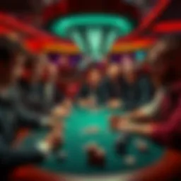 A group of poker players focused on their cards and chips at a casino table, showing a mix of emotions