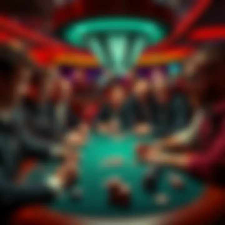 A group of poker players focused on their cards and chips at a casino table, showing a mix of emotions