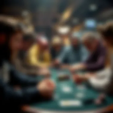 A group of diverse poker players focused on their cards around a table, showing different emotions during a game.