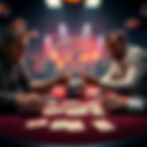 Two poker players competing at a table, one holding T2 and the other AdK, with cards on the table showing a surprising outcome.