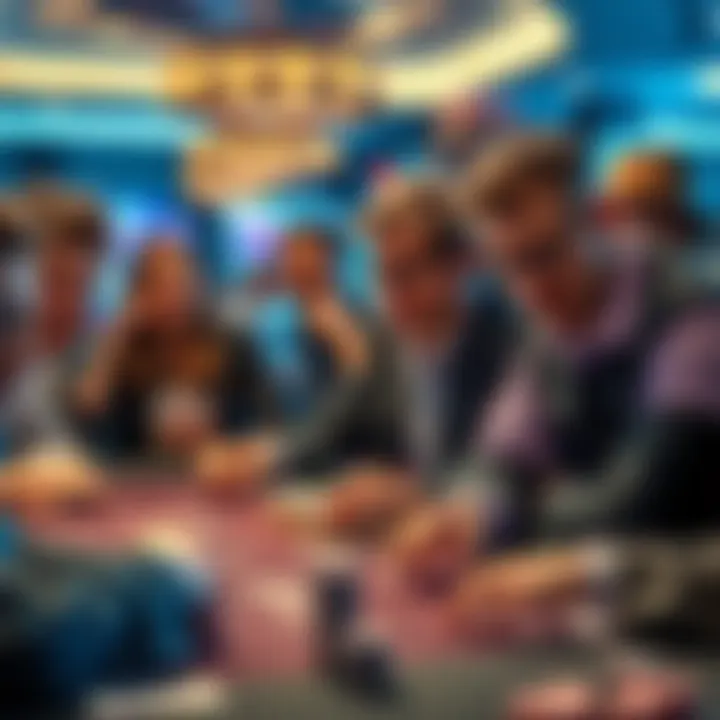 Poker players at a table A group of professional and amateur poker players engaged in a game at a casino table, showcasing various expressions of concentration and excitement, with cards and chips in front of them.