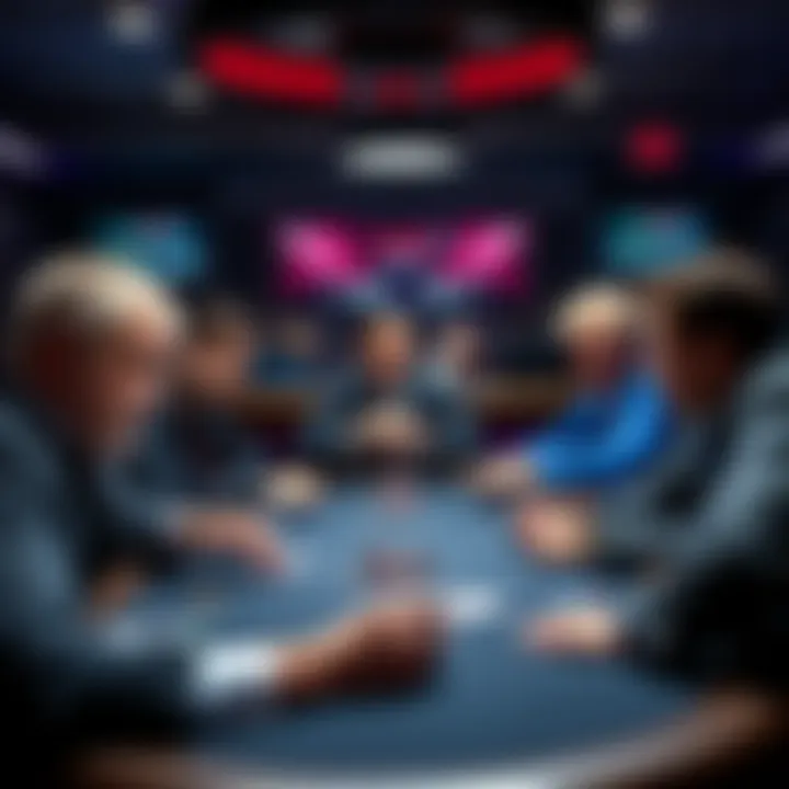 A group of professional poker players gathered around a table, focused on their cards and chips, showcasing the intensity of a poker game.