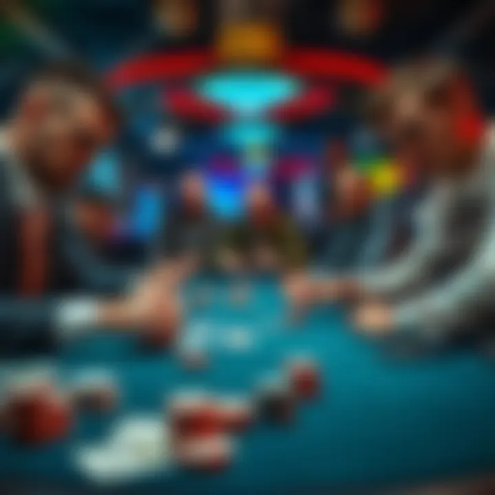 High-stakes poker players A group of poker players at a casino table, focused on their cards and chips, with stacks of cash visible on the table.