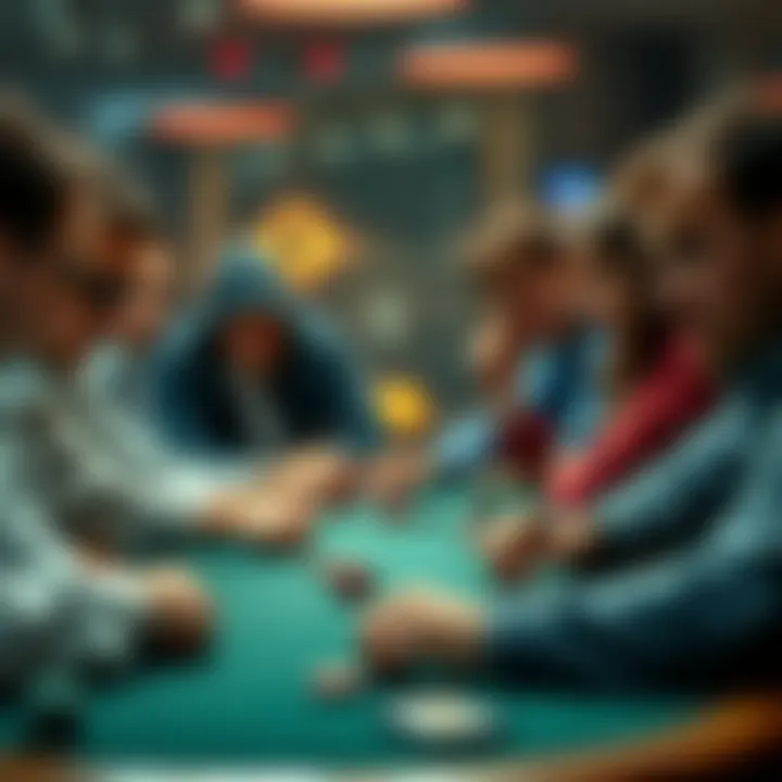 A group of poker players intensely focused on their game, showcasing a mix of expressions from confidence to deceit.