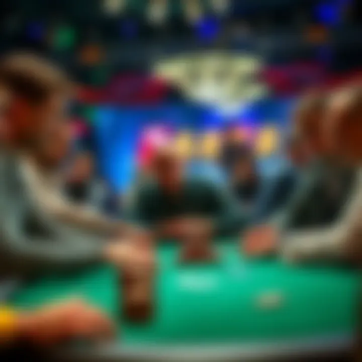 Poker players at a table A group of poker players engaged in a high-stakes game, showing focused expressions and stacks of chips on the table.