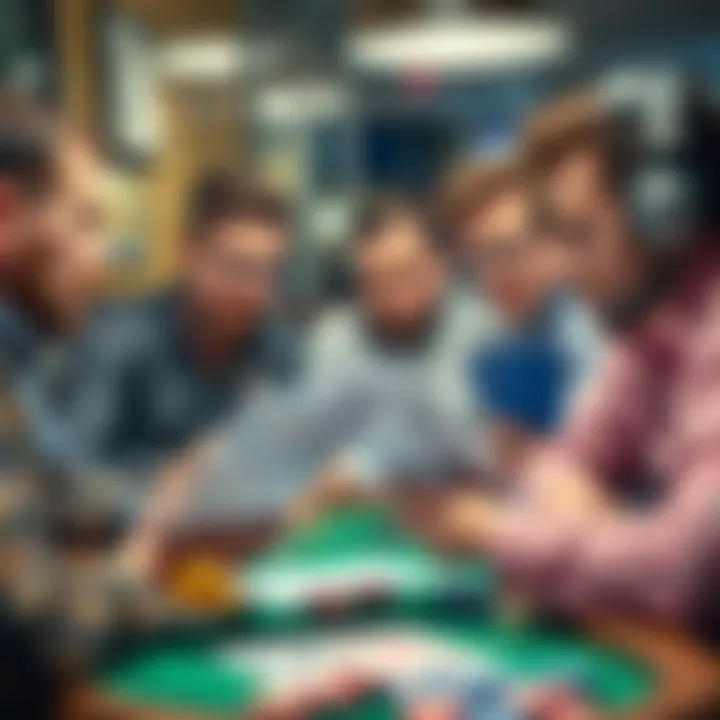 A group of poker players looking at tax documents and discussing poker losses in a casual setting.