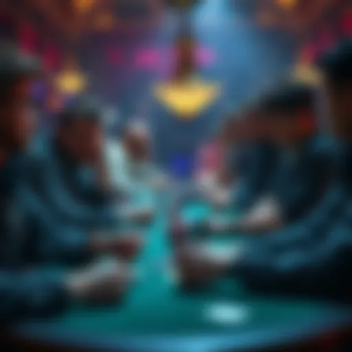 A group of poker players at a table, intently watching each other's reactions for tells during a game, with chips and cards visible