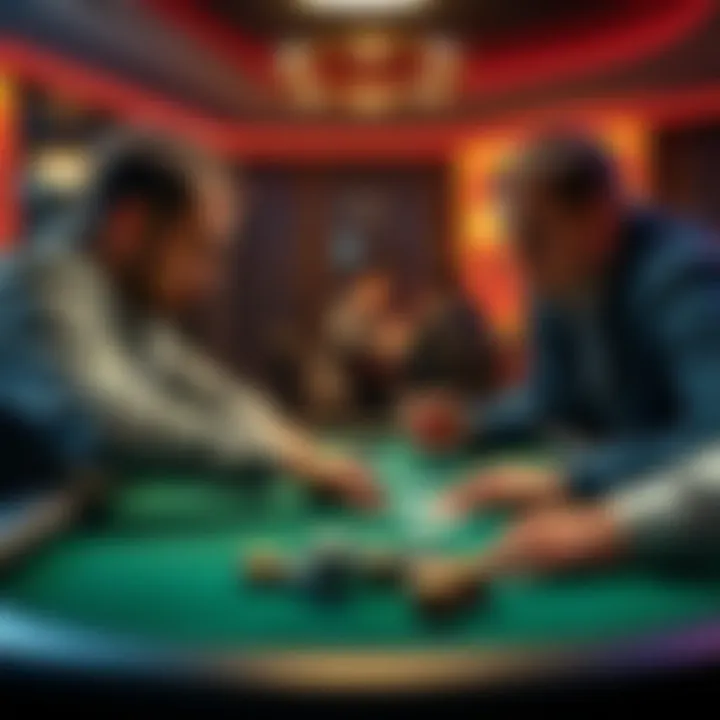 Two players at a poker table, focused on their hands, with chips in front of them and cards face down, showing a competitive atmosphere