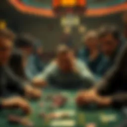 A group of poker players looking shocked and tense during a game as one player folds after a strong hand. Chips are scattered on the table, and cards are visible.