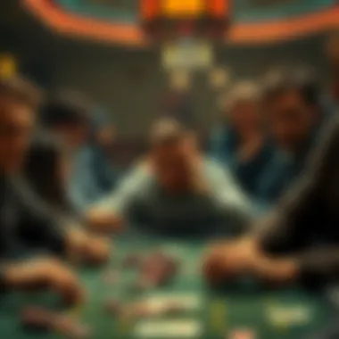 A group of poker players looking shocked and tense during a game as one player folds after a strong hand. Chips are scattered on the table, and cards are visible.