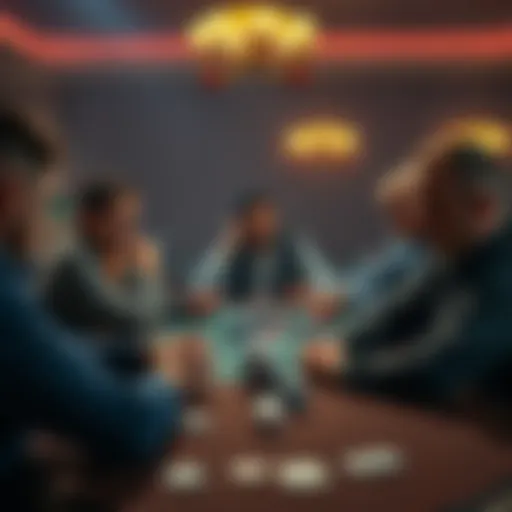 A poker table scene showing players looking uncomfortable due to inappropriate jokes and distractions, with two friends causing disruption in the background