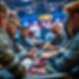 A group of poker players focused on their cards and chips during a tournament, discussing strategies for success on the fifth day.