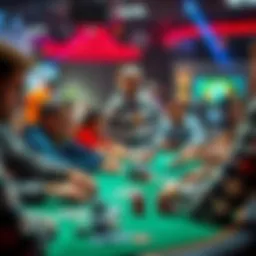 Participants focus on their cards and chips at a vibrant poker table during a local tournament