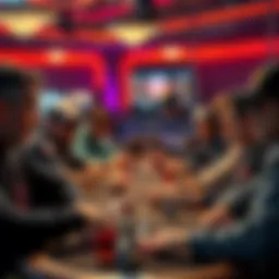 A group of poker players focused on their game at a tournament, looking concentrated with drinks and snacks around them