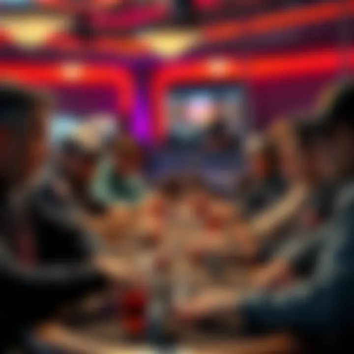 A group of poker players focused on their game at a tournament, looking concentrated with drinks and snacks around them