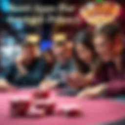 Group of people playing poker on mobile apps with excited expressions