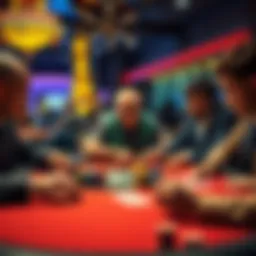 A tense moment at a poker table in Las Vegas, with players focused on their cards and one player pointing out a mistake.