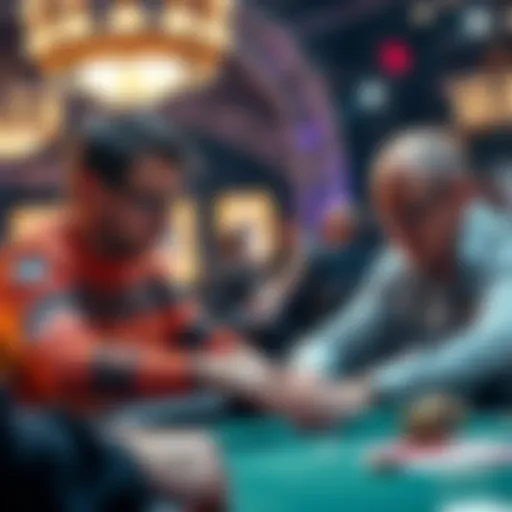 Two poker players, Alex Foxen and Viktor Blom, competing intensely at a table during the WSOP main event