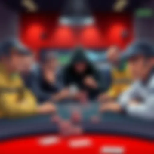 Illustration showing various poker players with different styles at a table, including cautious players and aggressive players.