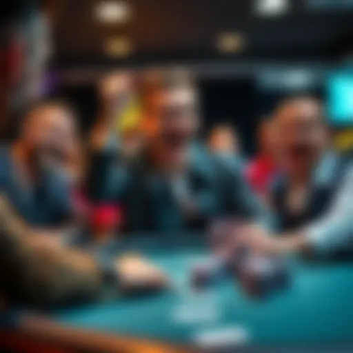 A poker professional celebrating a big win at the poker table, surrounded by surprised opponents.