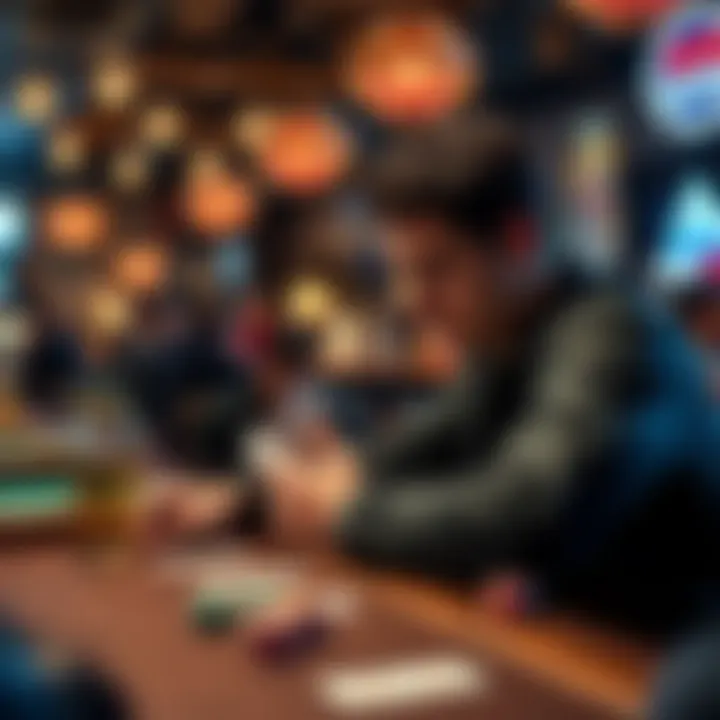 A player analyzes their poker hand at a table in a lively Australian pub during a friendly tournament