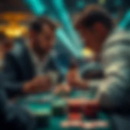 A focused poker player analyzing their cards at a table, preparing to make a critical river call decision