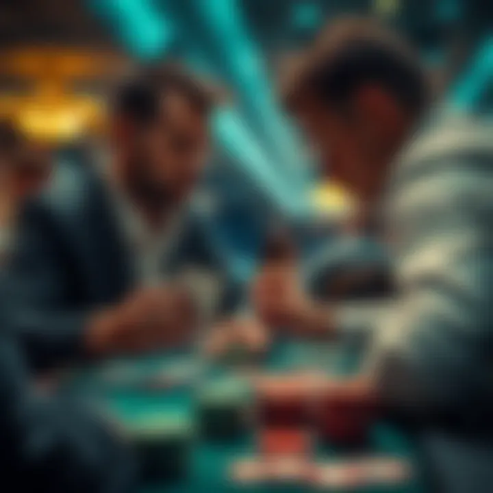 A focused poker player analyzing their cards at a table, preparing to make a critical river call decision