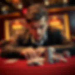 Poker River-Jam Decision A poker player considering a call on a river jam with a focused expression, cards and chips in front of them, showcasing tension at the table.