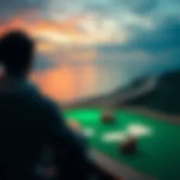 A scenic view of a poker player at a card table, with a backdrop of the East Coast's ocean and highway, symbolizing a road trip from DC to Maine.