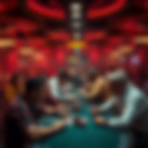 A crowded poker room filled with tense players at the tables, showcasing intense expressions and focused gameplay
