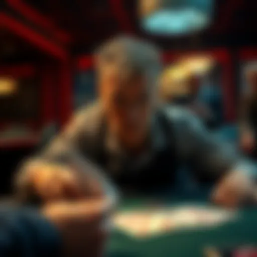 A player looking uneasy at a poker table, with suspicious dealer and owner in the background. Cards are on the table showing questionable hands.
