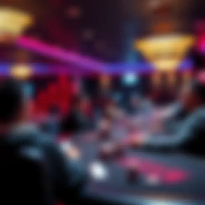 A scene in a poker room showing players at tables and chips being exchanged, highlighting the financial aspect of casino poker rooms.