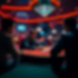 A player sitting at a poker table, looking at cards while observing other players in a lively poker room.