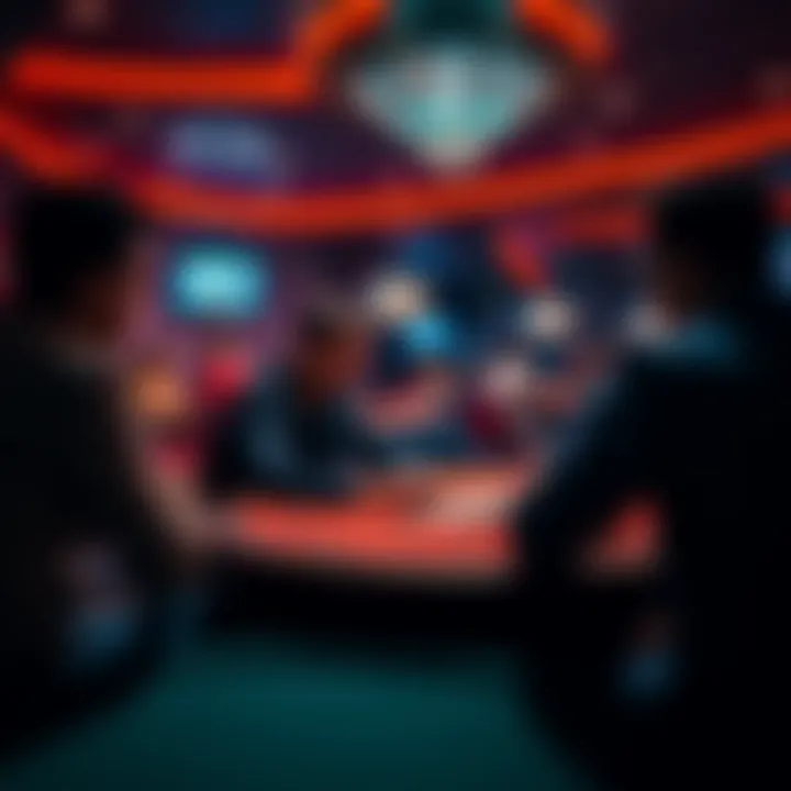 A player sitting at a poker table, looking at cards while observing other players in a lively poker room.