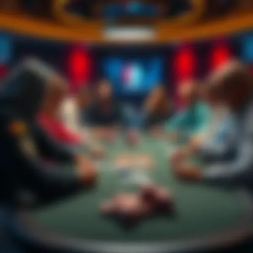 Group of players at a poker table with chips and cards during a game