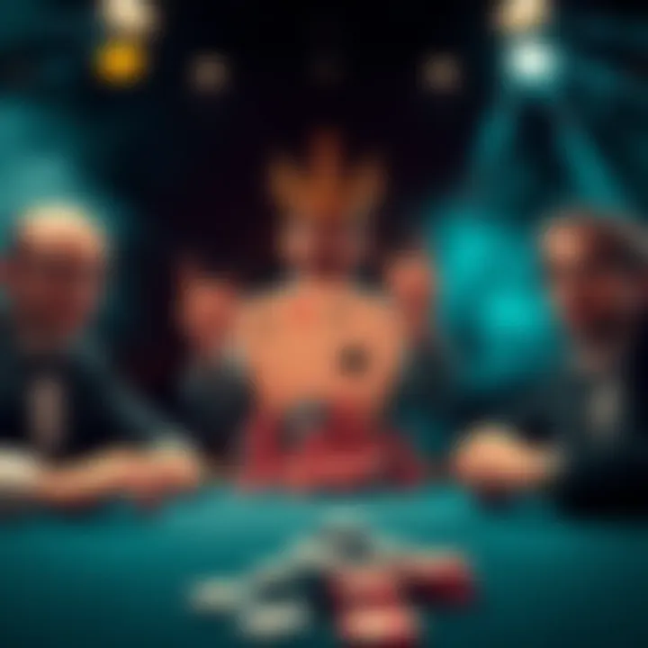 A player celebrates revealing a Royal Flush hand in poker, surrounded by two opponents showing their Full Houses. The excitement is palpable as chips are piled in the center.